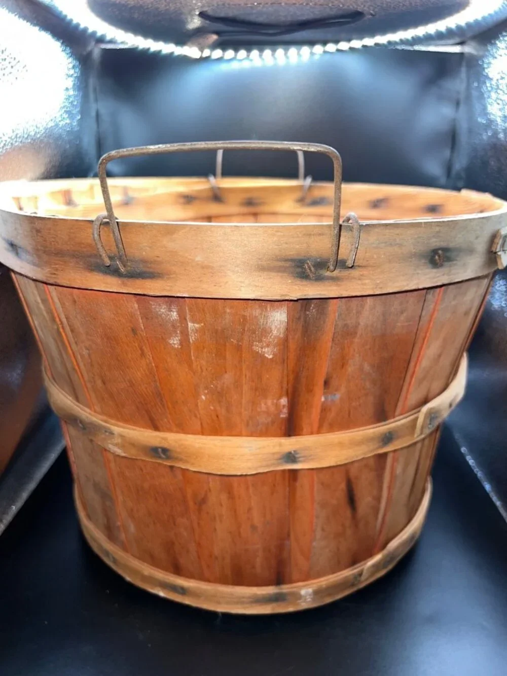 Vintage Wooden Bushel Basket Metal Handles Primitive Slat construction Country